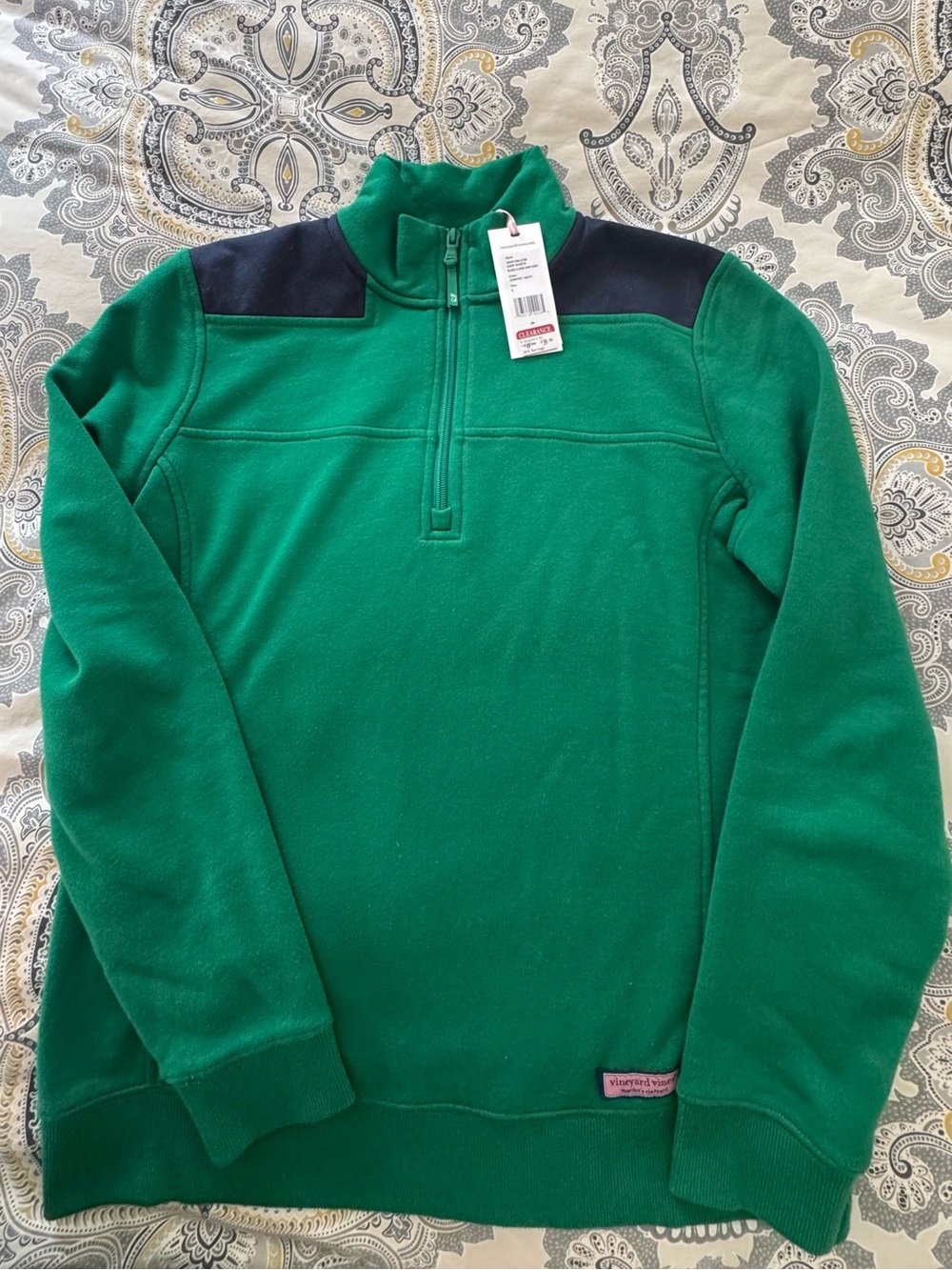 NEW Women Vineyard Vines Green Quarter-Zip Shep Shirt with Navy Shoulder Panels